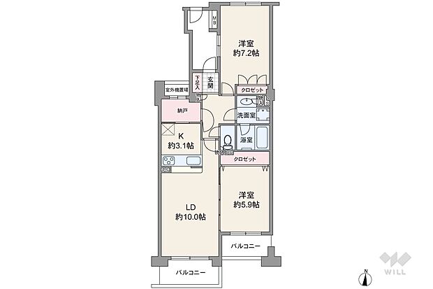 間取りは専有面積61.97平米の2LDK。個室は2部屋とも洋室仕様で、バルコニー側の洋室はLDKとつなげて使うことができます。