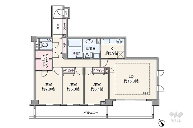 間取りは専有面積90.24平米の3LDK。LDK約19.2帖のプラン。バルコニー面積は21.60平米です。