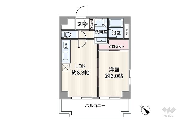 間取りは専有面積32.94平米の1LDK。LDK約8.3帖のプラン。LDKと洋室は続き間で、扉を開放して、ビッグワンルームとしても利用できる造り。バルコニー面積は4.50平米です。