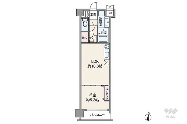 間取りは専有面積40.41平米の1LDK。LDK約10.8帖のプラン。バルコニー面積は4.55平米です。