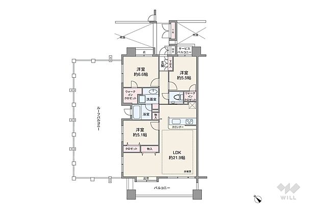 間取りは専有面積84.83平米の3LDK。ルーフバルコニー付き、LDK約21.9帖のプラン。複数方向に採光部があり、バルコニー面積は11.52平米です。