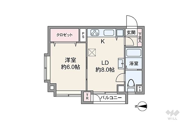 間取りは専有面積32.39平米の1LDK。廊下の短い居室空間を優先したプラン。LDKと洋室を繋げて、ビッグワンルームとしても使用可能。バルコニー面積は2.80平米です。