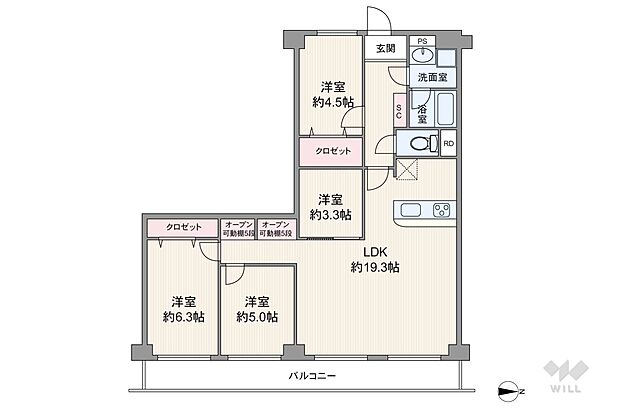 間取りは専有面積86.56平米の4LDK。全居室洋室仕様のプラン。LDKを含む居室3部屋がバルコニーに面し開放感があります（バルコニー面積12.96平米）。
