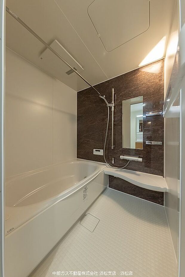 浴室：落ち着いた色合いのアクセントパネルを採用しています。浴室暖房機能も完備しています。