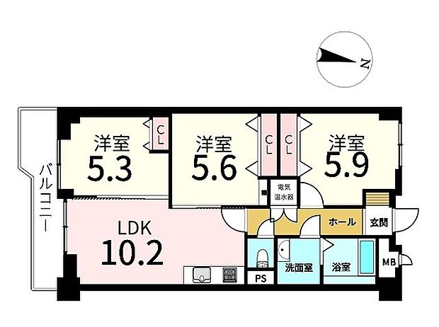 3LDK　販売価格1890万円　専有面積63.41m2現況：空室　引渡：即時