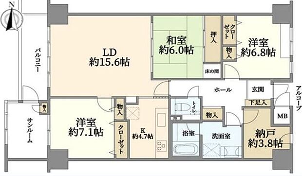 錦ケ丘セントラルハイツ(3SLDK) 13階/1308の間取り図
