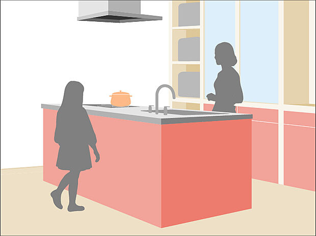 対面式Ｌ字型キッチン　キッチンは、家事動線の良いＬ字型タイプを採用。リビングで遊ぶお子様の様子をうかがいながらお料理もできます。
