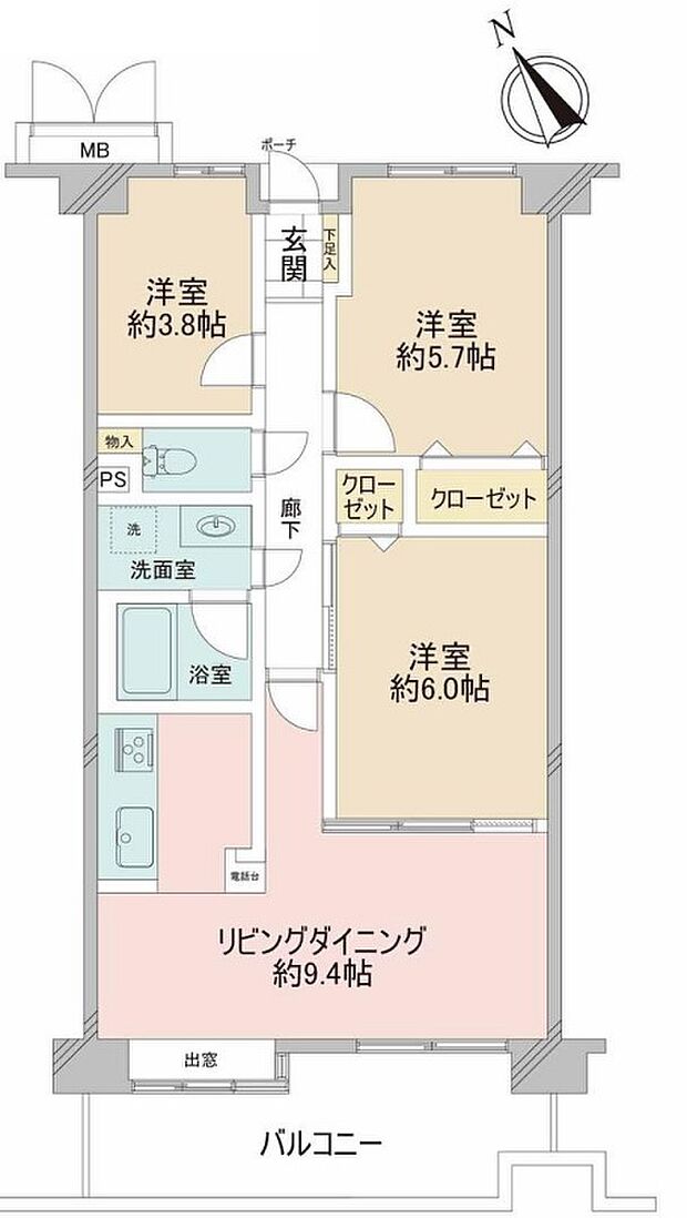 コスモ志木(3LDK) 6階の間取り図