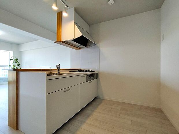 キッチン奥の壁も有効に使える、スペースをしっかり確保したキッチンです。