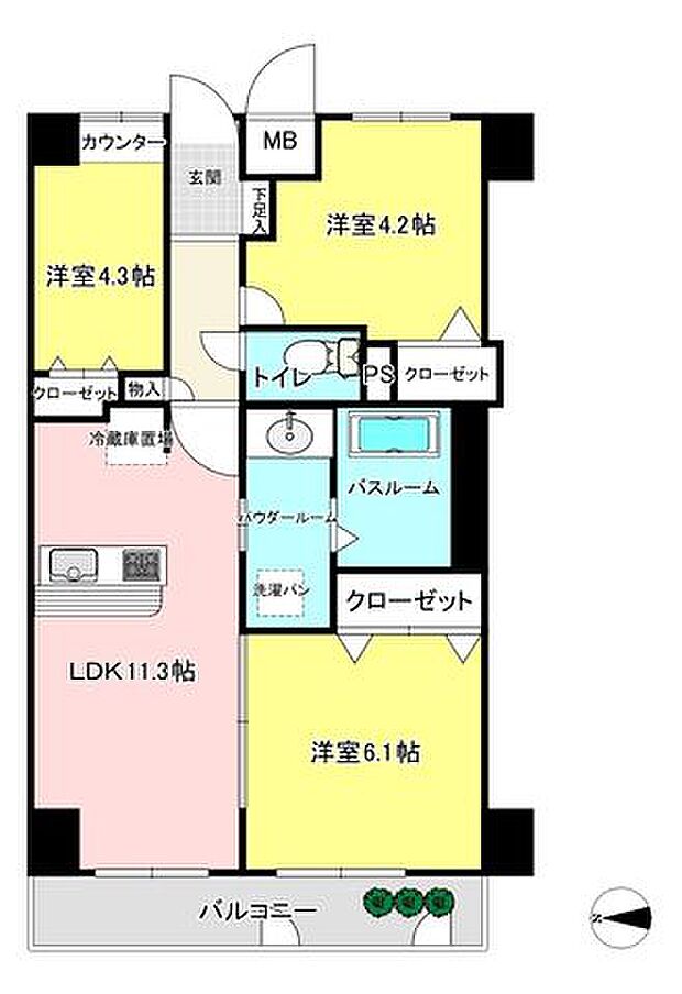 コスモ北綾瀬クィーンズテラス(3LDK) 3階の間取り図