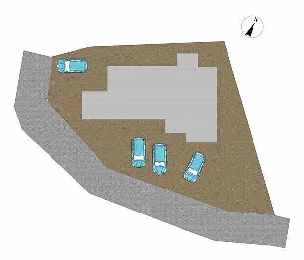 【敷地図】敷地と道路の関係図です。玄関前スペースには砕石を敷き駐車スペースをつくりました。敷地内に4台は駐車可能です。
