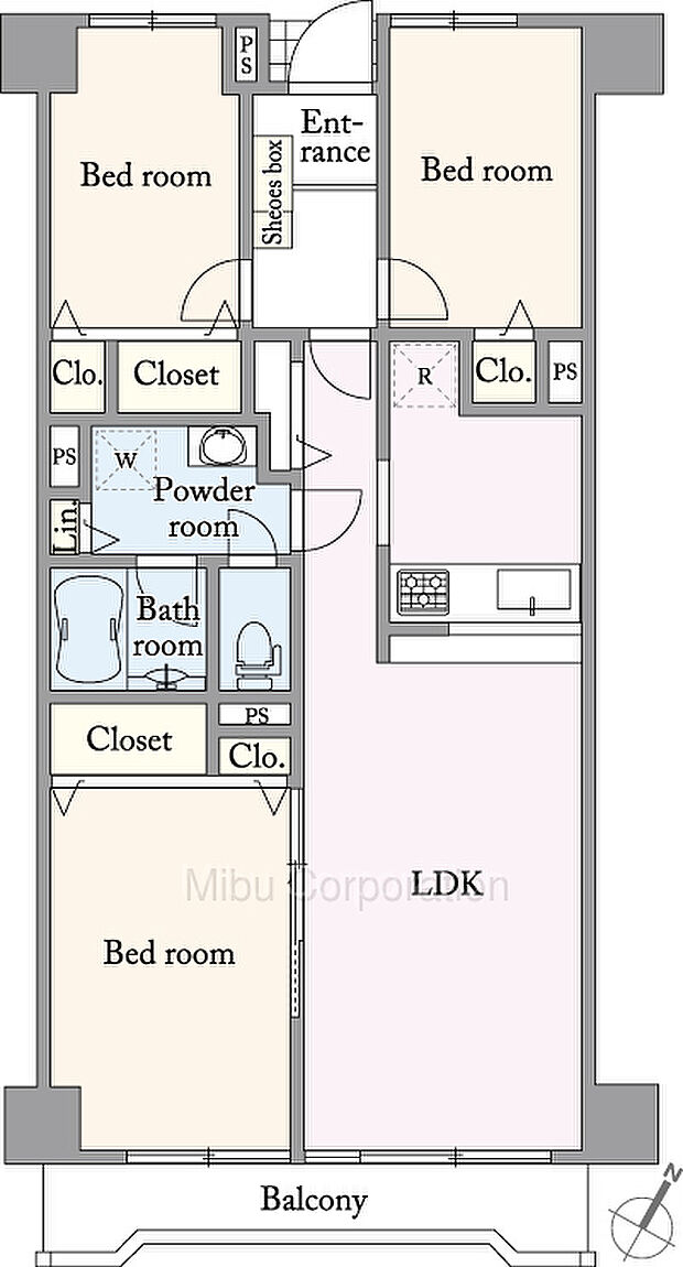 3LDKの間取図。リビング横の洋室は、引戸タイプとなっており、開けるとより広い居住空間になります。