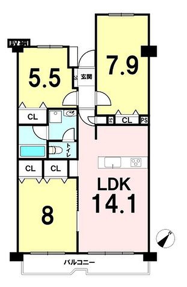 第3稲毛ハイツ　28号棟(3LDK) 13階の間取り図