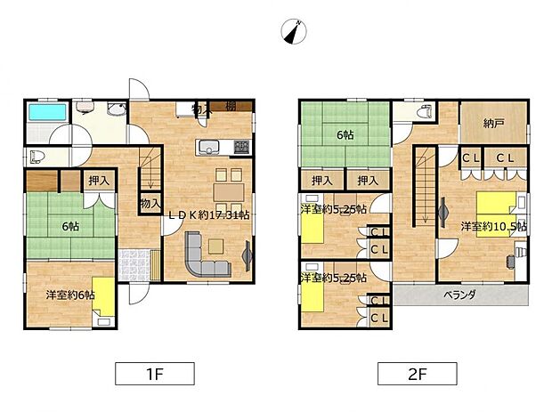 間取りは6SLDKの二階建てです。納戸つきなので収納スペースもばっちり。家財道具が多い方でもお部屋を広くお使いいただけるお家です。