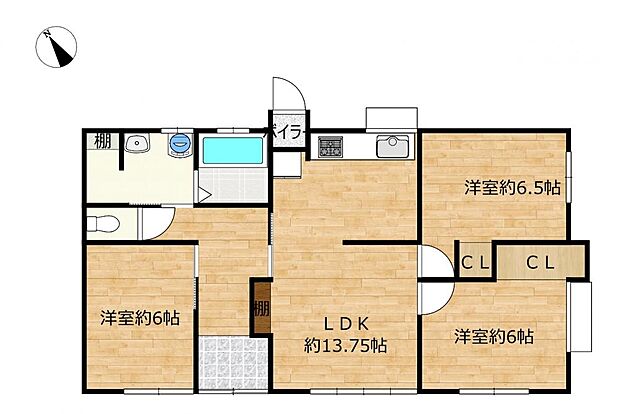 【リフォーム予定間取り図】3LDKの平家住宅です。洗面室内に収納を設け、洗濯用品やトイレ用品などを収納できるようにします。