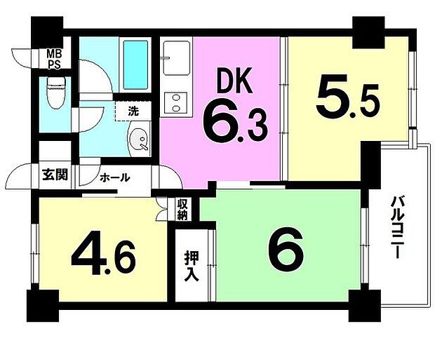 ライオンズマンション高砂(3DK) 3階の間取り図