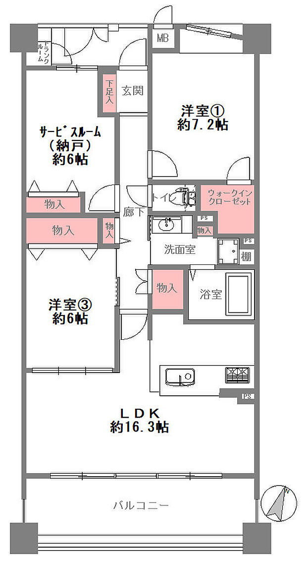 須磨シーサイドヒルズI(2SLDK) 3階の間取り図