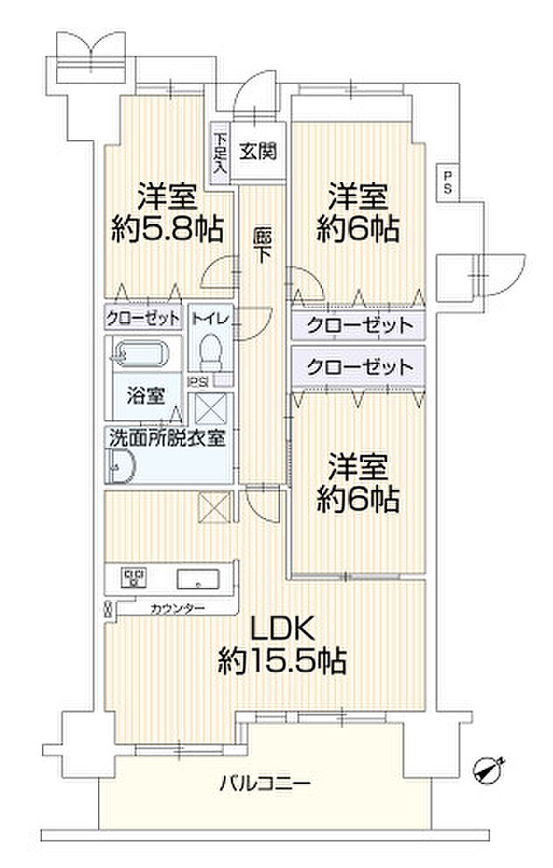サーパス宝塚第2(3LDK) 9階の間取り図