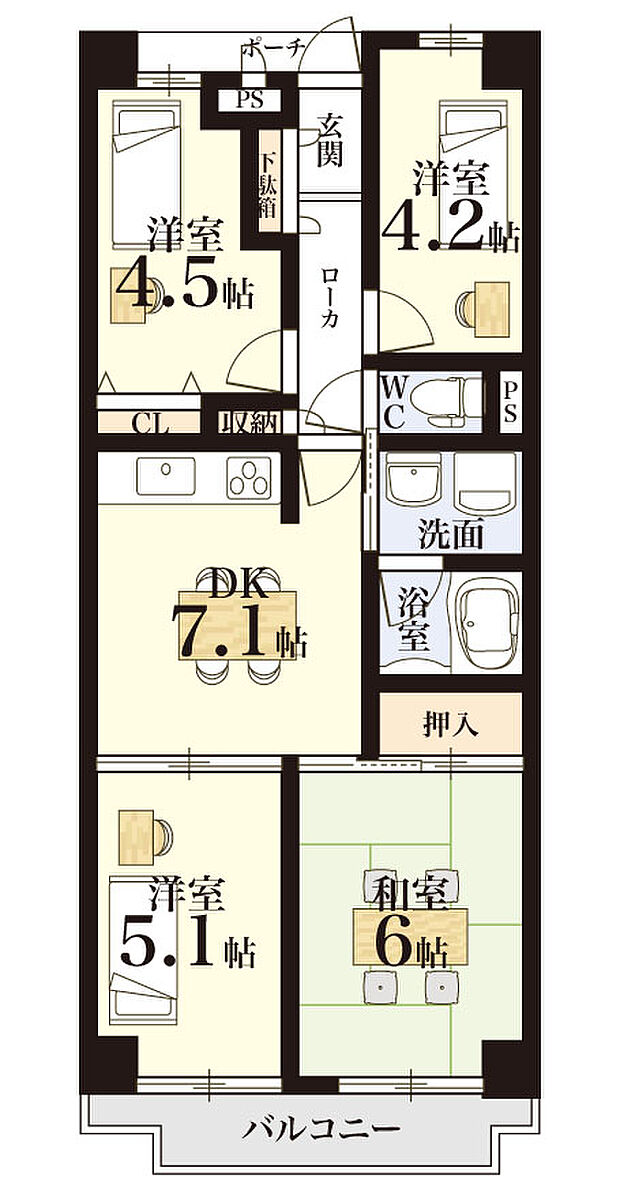 伊丹春日丘アーバンコンフォートＡ棟(4DK) 3階の間取り図