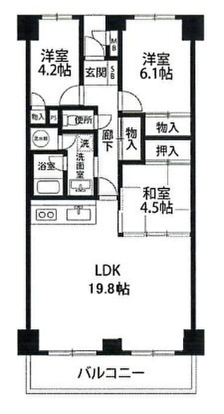 寝屋川サンハイツＢ棟(3LDK) 4階の間取り図