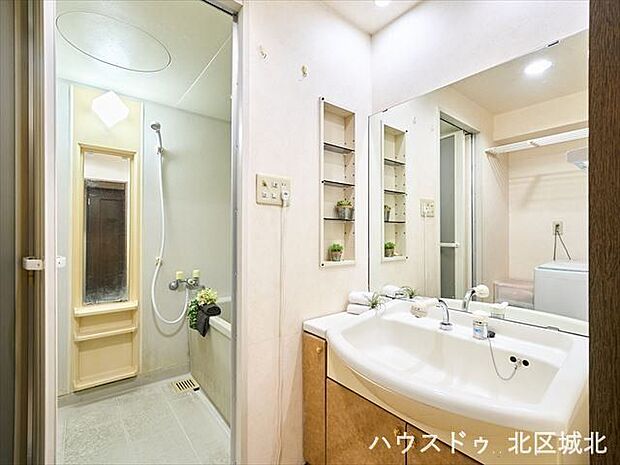 大きな鏡が特徴の洗面所です。下部には両開きの収納がついているので洗剤などのストックも収納できますね。