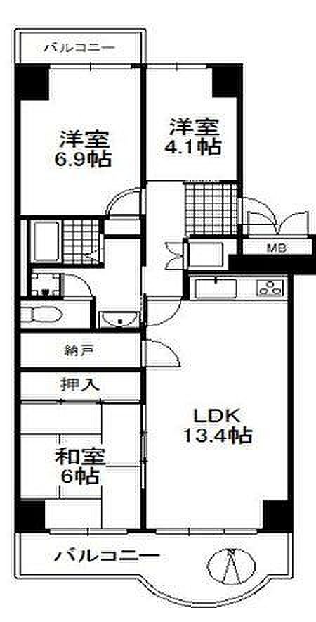 ユニハイム千里丘1号棟(3SLDK) 9階の間取り図