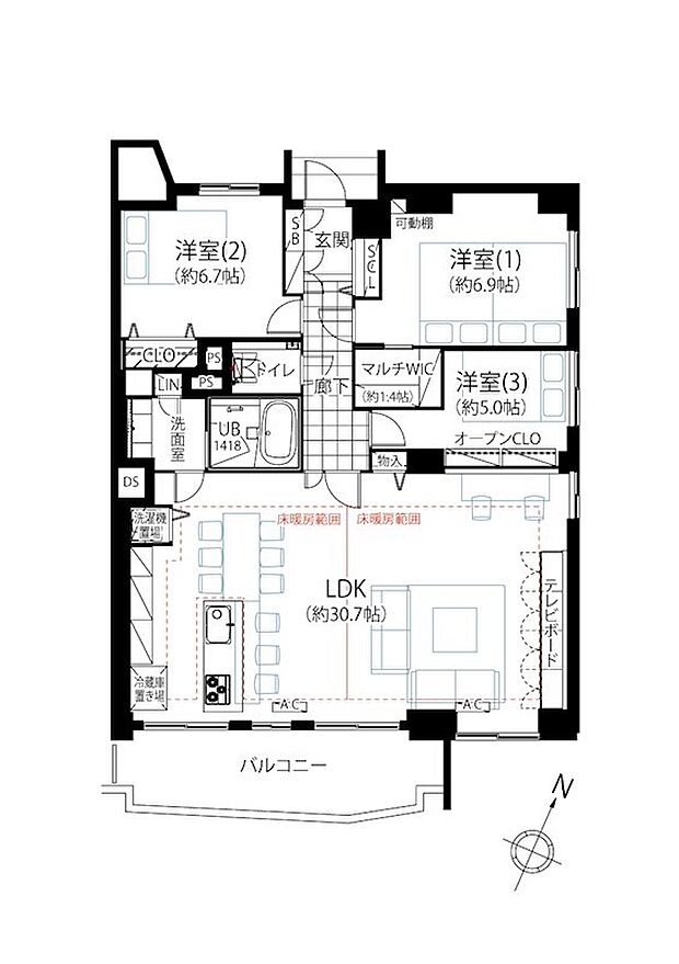 キャッスル共進マンション(3LDK) 11階の間取り図