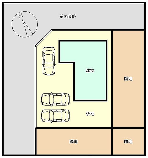【リフォーム済】区画図です。駐車場を新たに1台拡幅しました。前面道路は5ｍあるので駐車するときも安心してできますね。