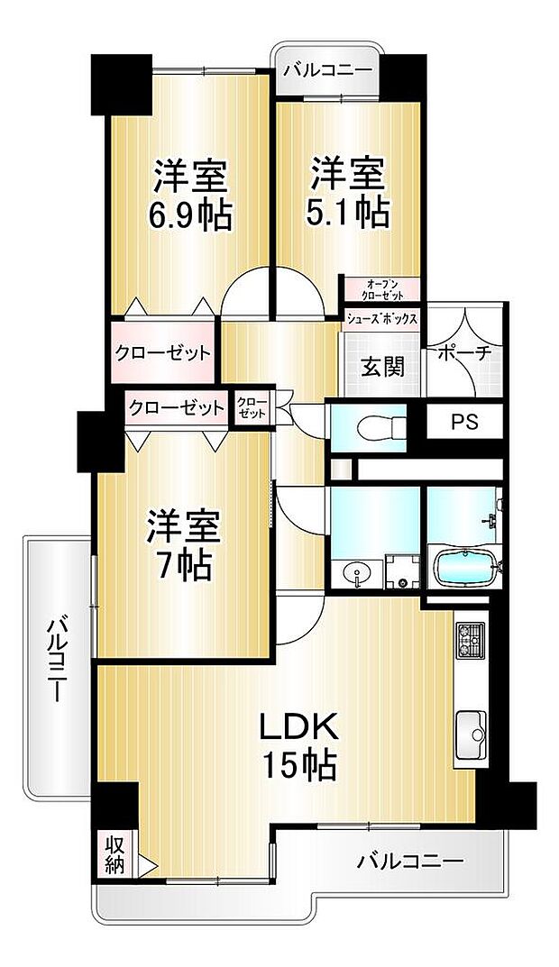 佃第3コーポ6号棟(3LDK) 2階の間取り図