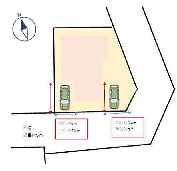 【配置図】駐車場の拡幅工事を行い、普通車2台駐車可能にしました。角地のお家です。