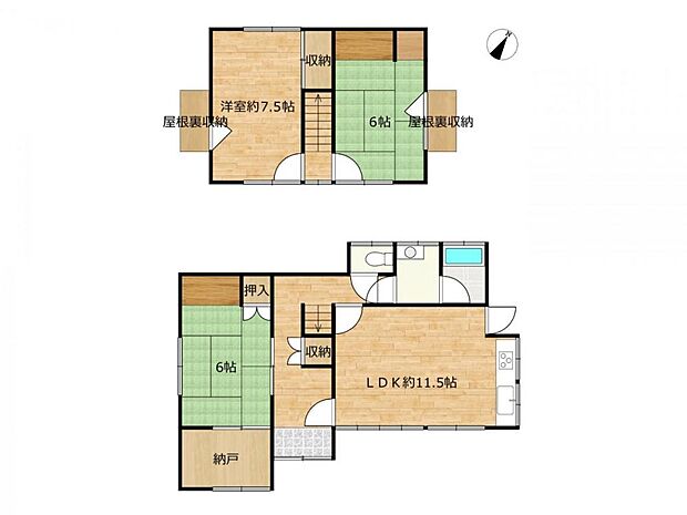 【間取図】3SLDKのお家です。1階の納戸や2階の屋根裏収納など、収納力に優れたお家です。