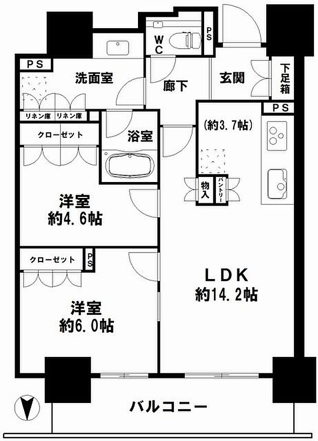 ローレルタワー堺筋本町(2LDK) 22階の間取り図