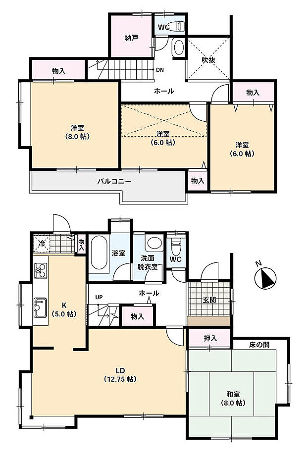 12.75帖の広いLDと5帖の独立キッチン、全居室6帖以上で広々快適に過ごせます。2階の一室にはロフト付♪納戸もあるので収納スペースに困りません。