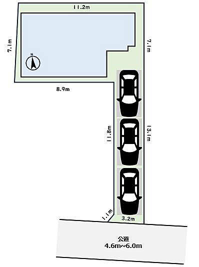 ■駐車スペース3台駐車可能！(車種による)■駐車がしやすいように隅切り部分を設けて間口は3.2mあります！ワンボックスカーでも駐車可能！