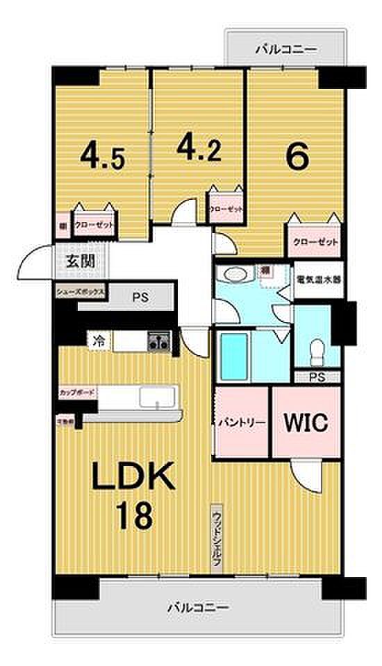 間取りです。LDKは広々約18帖。各居室もお子様のお部屋などに使いやすい間取りとなっております！