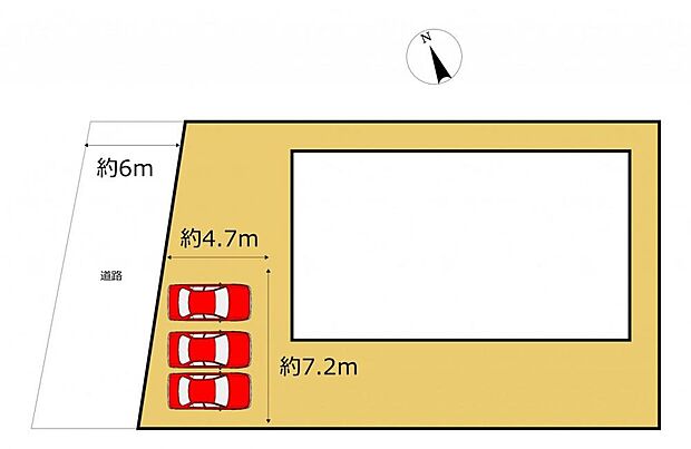【区画図】駐車並列3台可能。前面道路が6ｍあるので駐車もしやすいです。