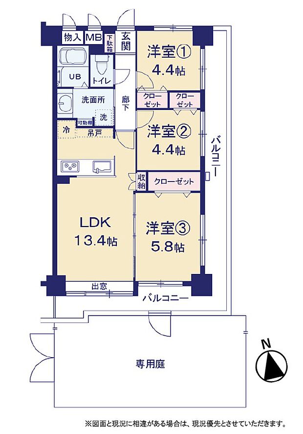 グランシャリオ国立弐番館(3LDK) 1階の間取り図