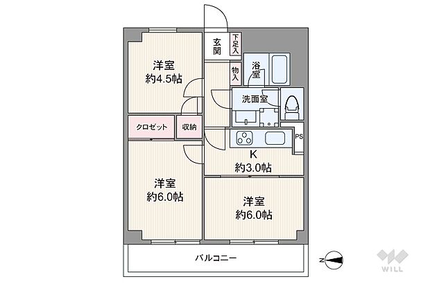 間取りは専有面積47.25平米の3K。全居室洋室仕様のプラン。キッチンと続き間の洋室3帖を繋げて約9帖のダイニング・キッチンとしても使えます。