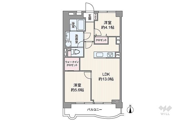 間取りは専有面積55.89平米の2LDK。全居室洋室仕様のプラン。バルコニー面積は8.87平米で、LDKと洋室から出入り出来ます。