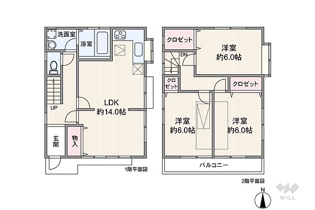 間取りは延床面積77.76平米の3LDK。1階にLDKとサニタリー、2階に個室が集約された、各階で用途が分かれているプラン。個室は全部屋洋室仕様で、どの部屋も二面採光・6帖の広さが確保されています。