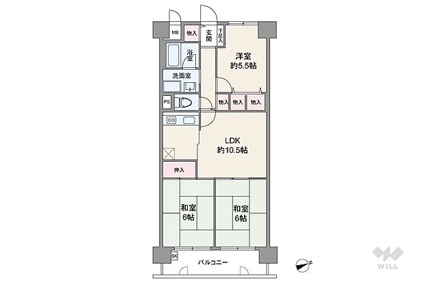 和室2部屋がバルコニーに面したセンターリビングのプラン。バルコニー側は室内に柱の出っ張りが少ないアウトポール仕様で、家具の配置がしやすい造りです。バルコニー面積は7.83平米あります。