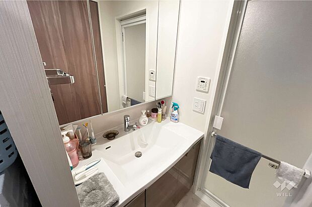 洗面室3面鏡・シンク下・洗面台横の収納棚など収納がたっぷりあります。生活感を隠せます。