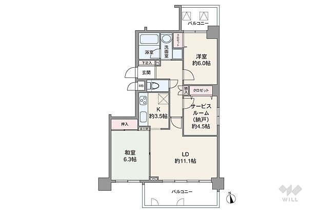 間取りは専有面積70.9平米の2SLDK。LDK約14.6帖のプラン。複数方向に採光部があり、バルコニー面積は14.76平米です。