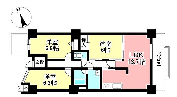星ケ丘スカイマンション(3LDK) 3階の内観