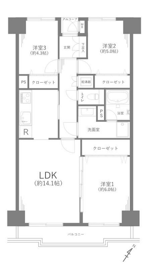 サニーハウス読売ランド(3LDK) 5階/505の間取り図