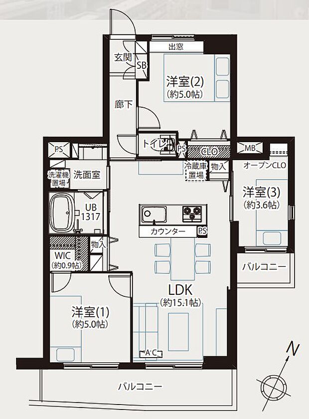クリオ神奈川新町弐番館(3LDK) 11階/1101の間取り図