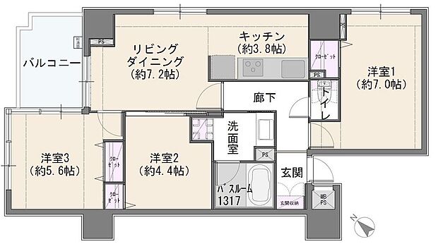 プリミテージュ新横浜(3LDK) 3階/303の間取り図