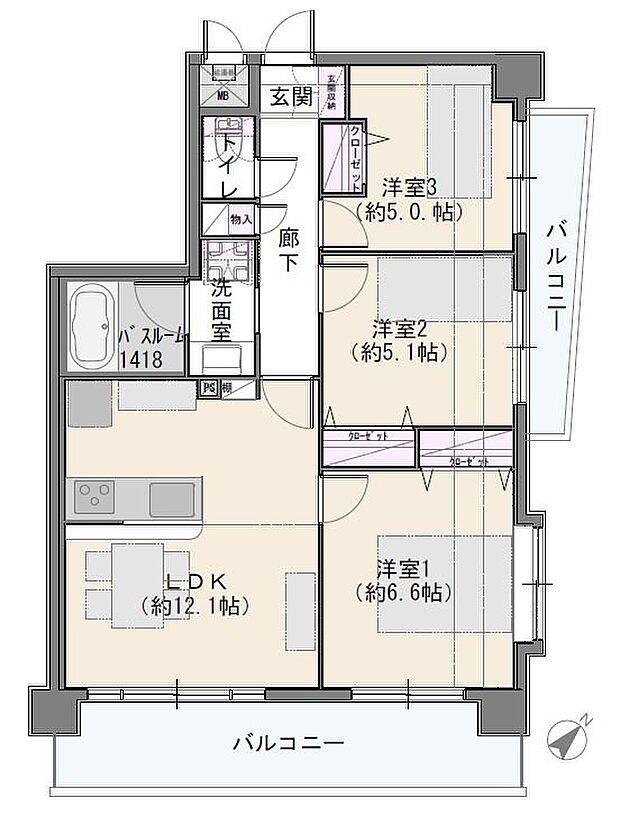 マイキャッスル中野島(3LDK) 4階/408の間取り図