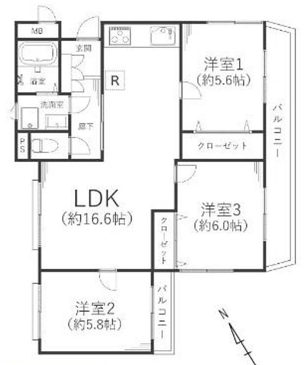 ライオンズマンション南太田(3LDK) 2階/203の間取り図