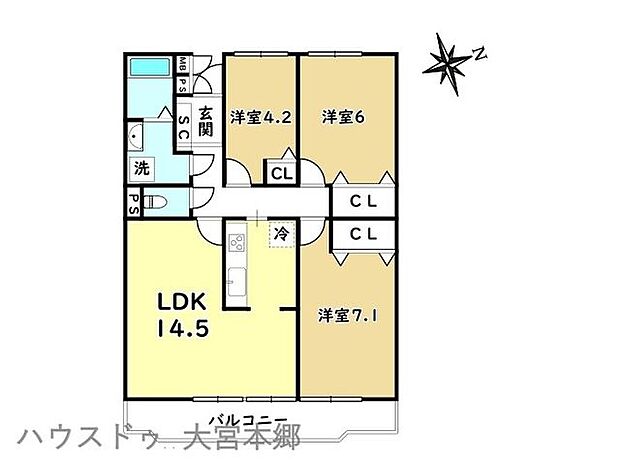 大宮土呂駅前ハイツ(3LDK) 8階の間取り図